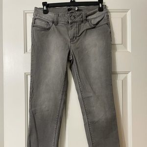 White House Black Market gray denim skimmer, size 2.